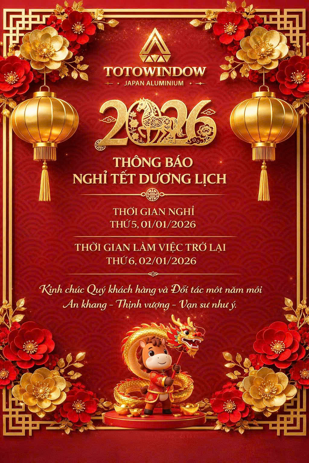 THÔNG BÁO NGHỈ TẾT DƯƠNG LỊCH 2026 – TOTOWINDOW