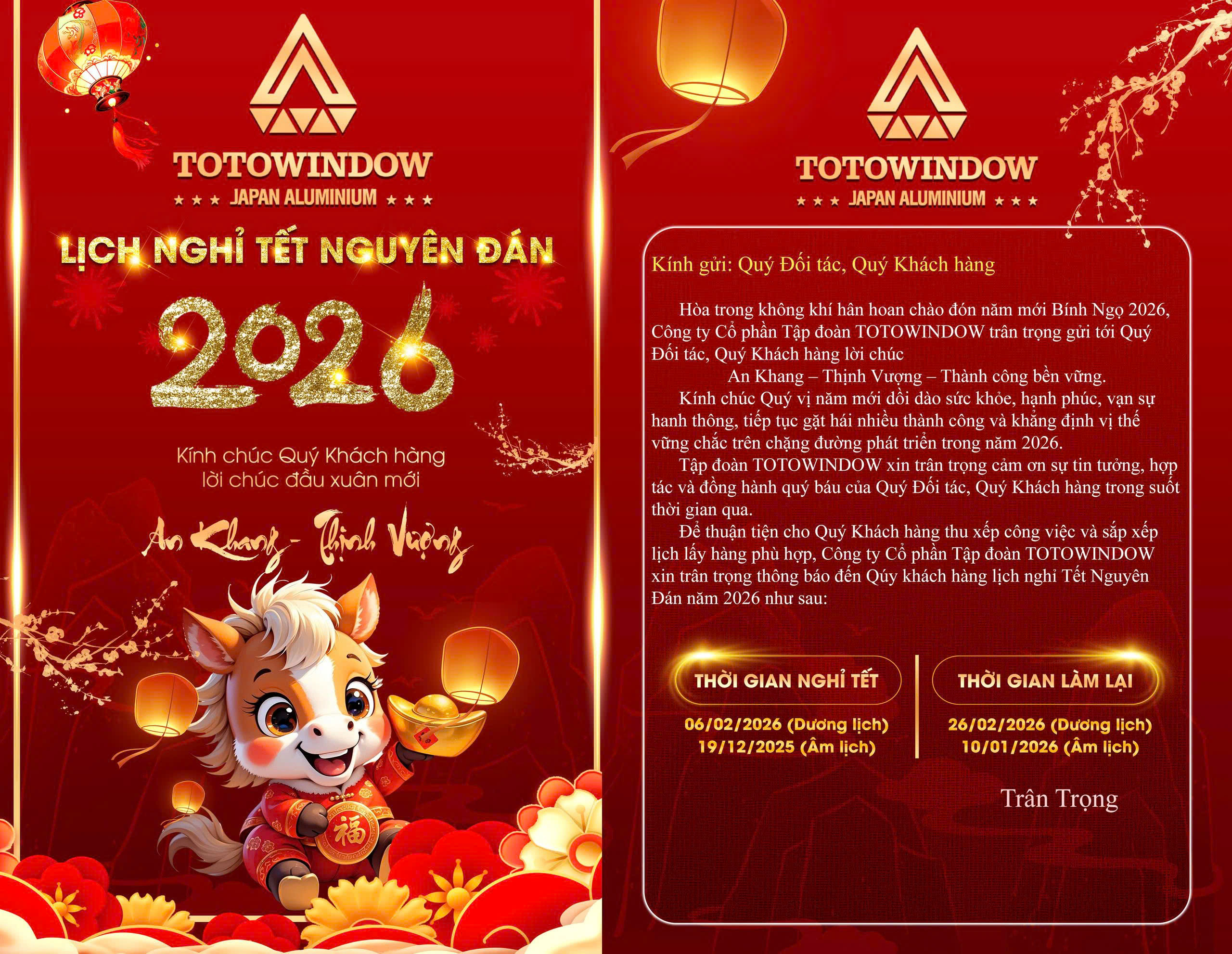TOTOWINDOW THÔNG BÁO NGHỈ TẾT NGUYÊN ĐÁN BÍNH NGỌ 2026