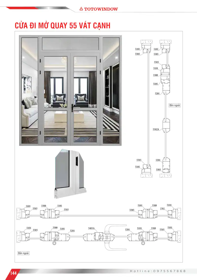 Nhôm hệ 55 vát cạnh cửa đi mở quay mặt cắt