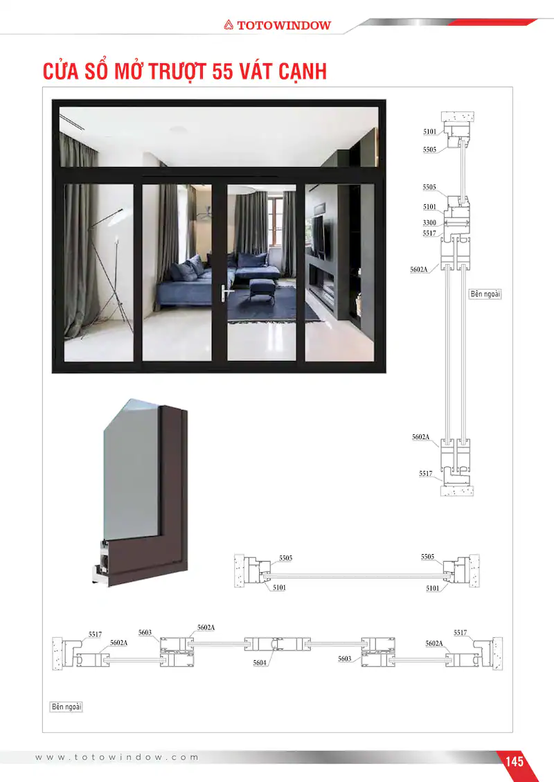 Nhôm hệ 55 vát cạnh cửa sổ mở trượt mặt cắt