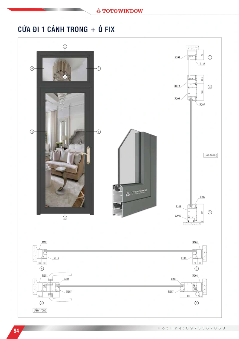 Nhôm hệ Châu Âu 55 rãnh K cửa đi 1 cánh mở trong mặt cắt
