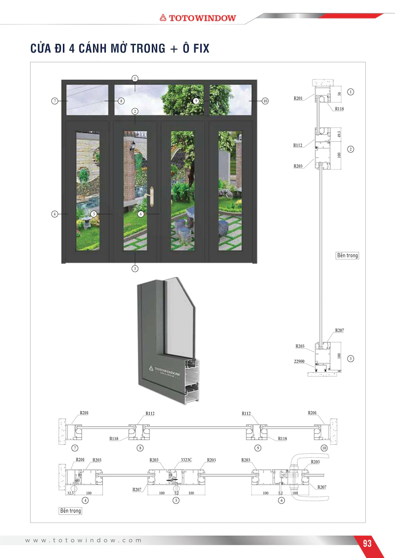 Nhôm hệ Châu Âu 55 rãnh K cửa đi 4 cánh mở trong mặt cắt