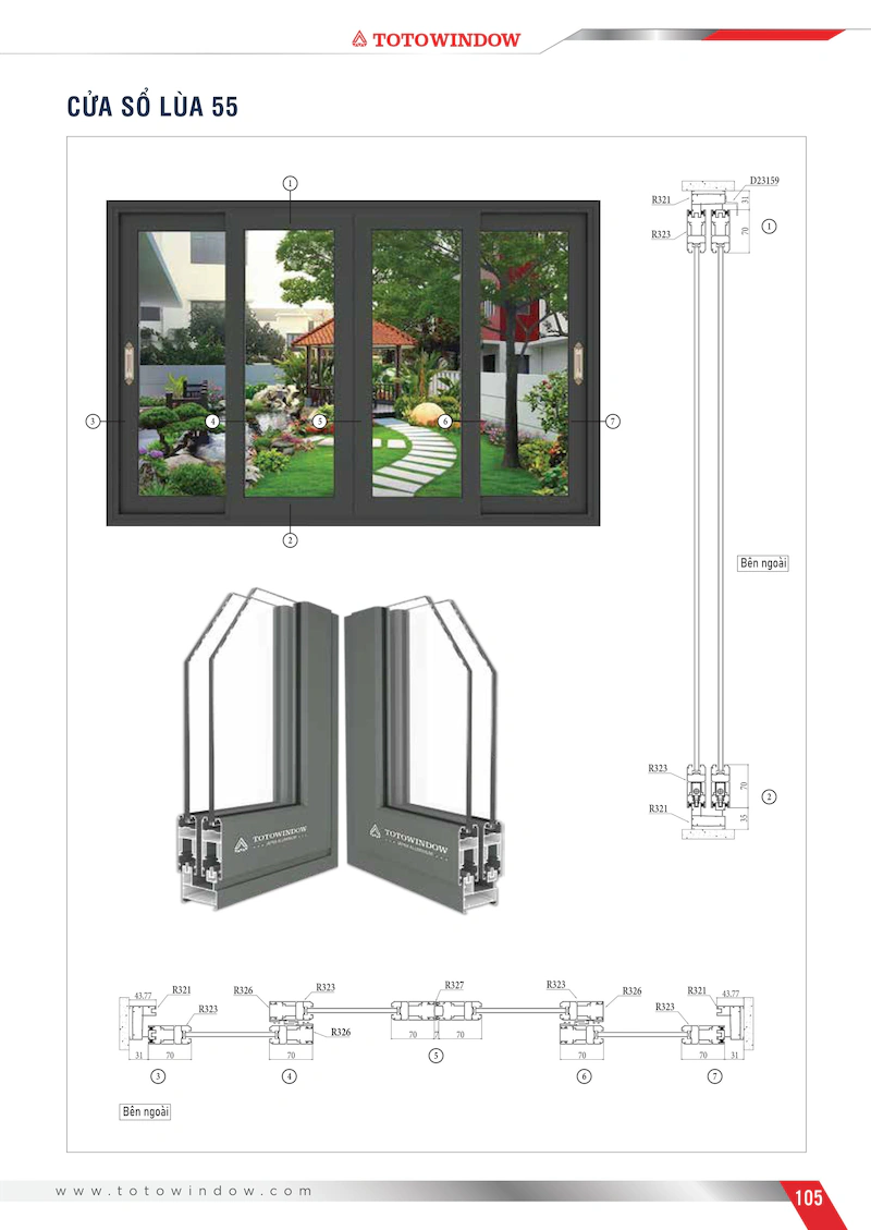 Nhôm hệ Châu Âu 55 rãnh K cửa sổ mở lùa mặt cắt