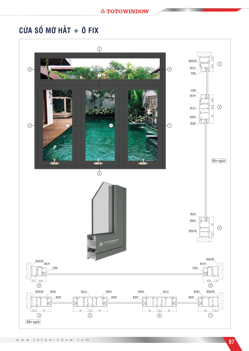 Nhôm hệ Châu Âu 55 rãnh K cửa sổ mở hất mặt cắt