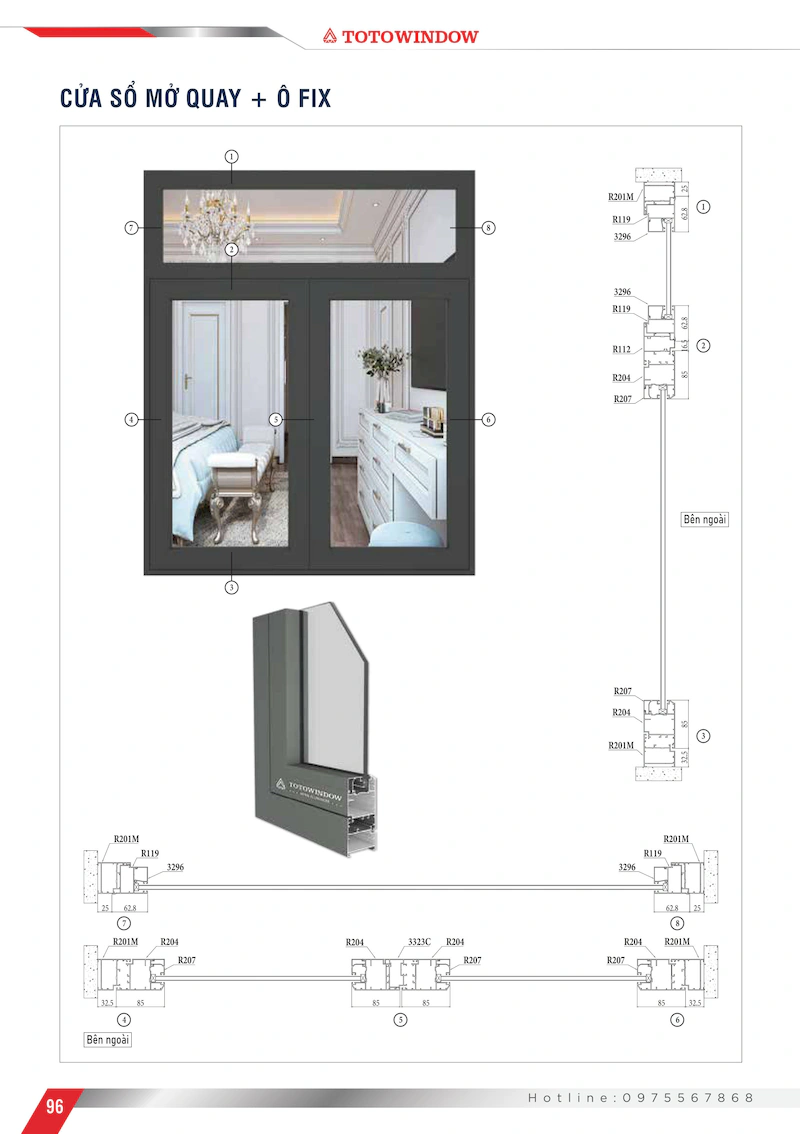 Nhôm hệ Châu Âu 55 rãnh K cửa sổ mở quay mặt cắt
