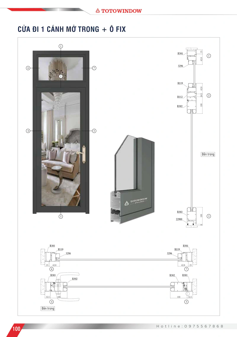 Nhôm hệ Châu Âu 55 Liền Sập rãnh K cửa đi 1 cánh mở trong mặt cắt