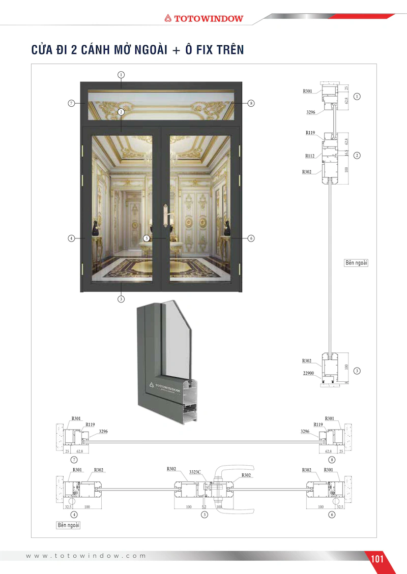 Nhôm hệ Châu Âu 55 Liền Sập rãnh K cửa đi 2 cánh mở ngoài mặt cắt