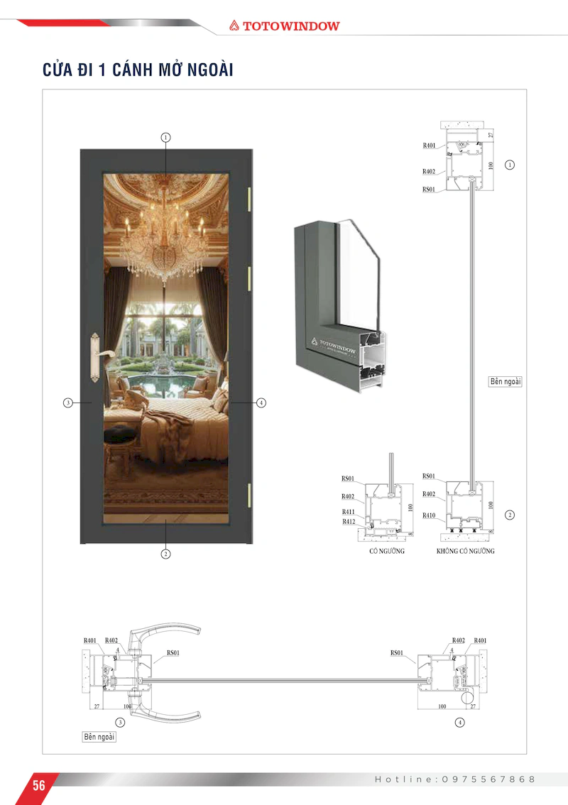 Nhôm hệ Châu Âu 65 mở quay rãnh C cửa đi 1 cánh mở ngoài mặt cắt