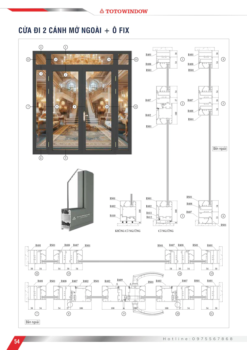 Nhôm hệ Châu Âu 65 mở quay rãnh C cửa đi 2 cánh mở ngoài mặt cắt