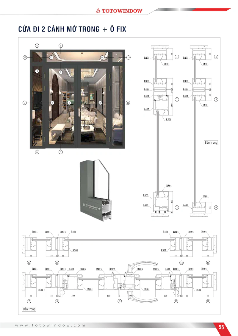 Nhôm hệ Châu Âu 65 mở quay rãnh C cửa đi 2 cánh mở trong mặt cắt