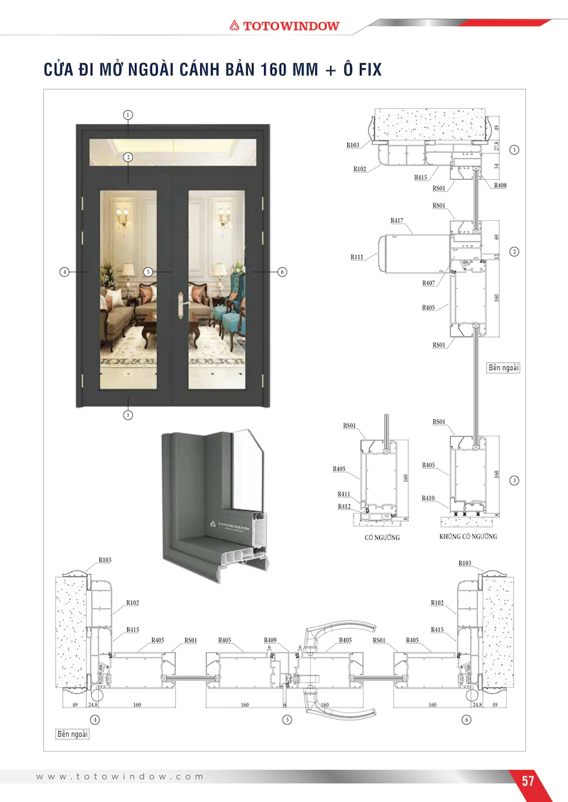 Nhôm hệ Châu Âu 65 mở quay rãnh C cửa đi mở ngoài bản cánh 160mm mặt cắt