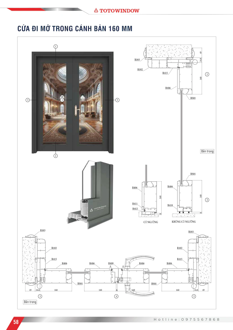 Nhôm hệ Châu Âu 65 mở quay rãnh C cửa đi mở trong bản cánh 160mm mặt cắt