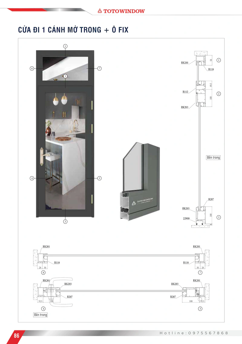 Nhôm hệ Châu Âu đa khoang 55 rãnh K cửa sổ đi 1 cánh mở trong mặt cắt