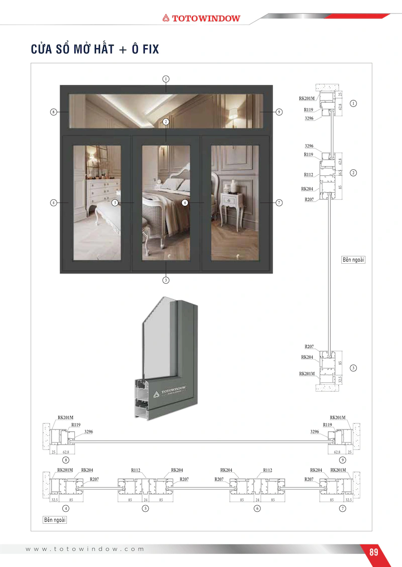 Nhôm hệ Châu Âu đa khoang 55 rãnh K cửa sổ mở hất mặt cắt