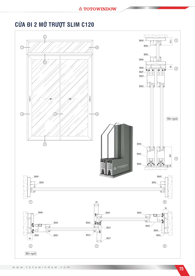 Nhôm hệ Châu Âu mở trượt C120 slim cửa đi 2 cánh mặt cắt
