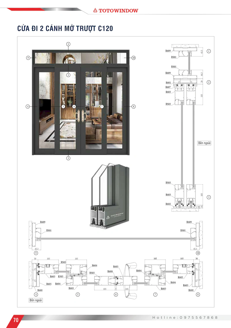 Nhôm hệ Châu Âu mở trượt C120 cửa đi 2 cánh mặt cắt