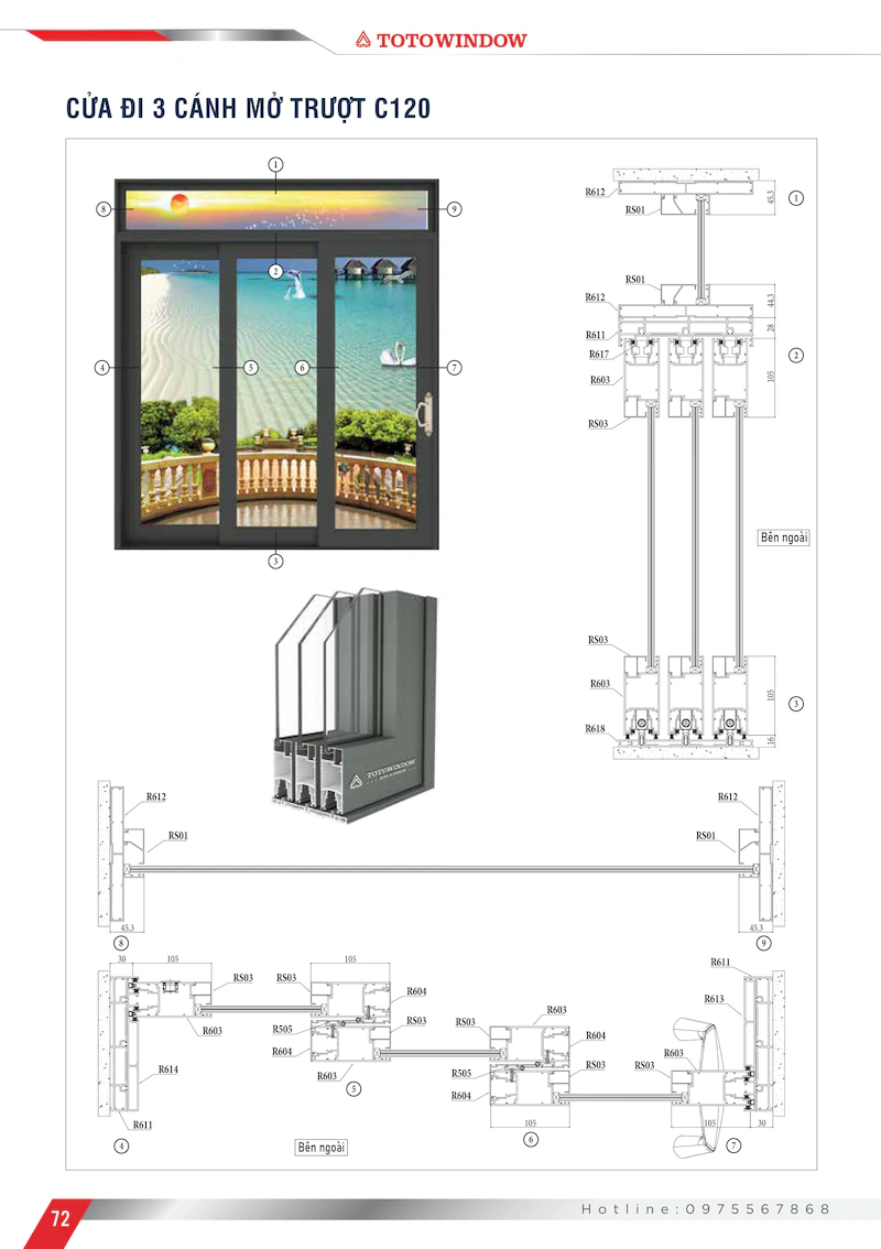 Nhôm hệ Châu Âu mở trượt C120 cửa đi 3 cánh mặt cắt