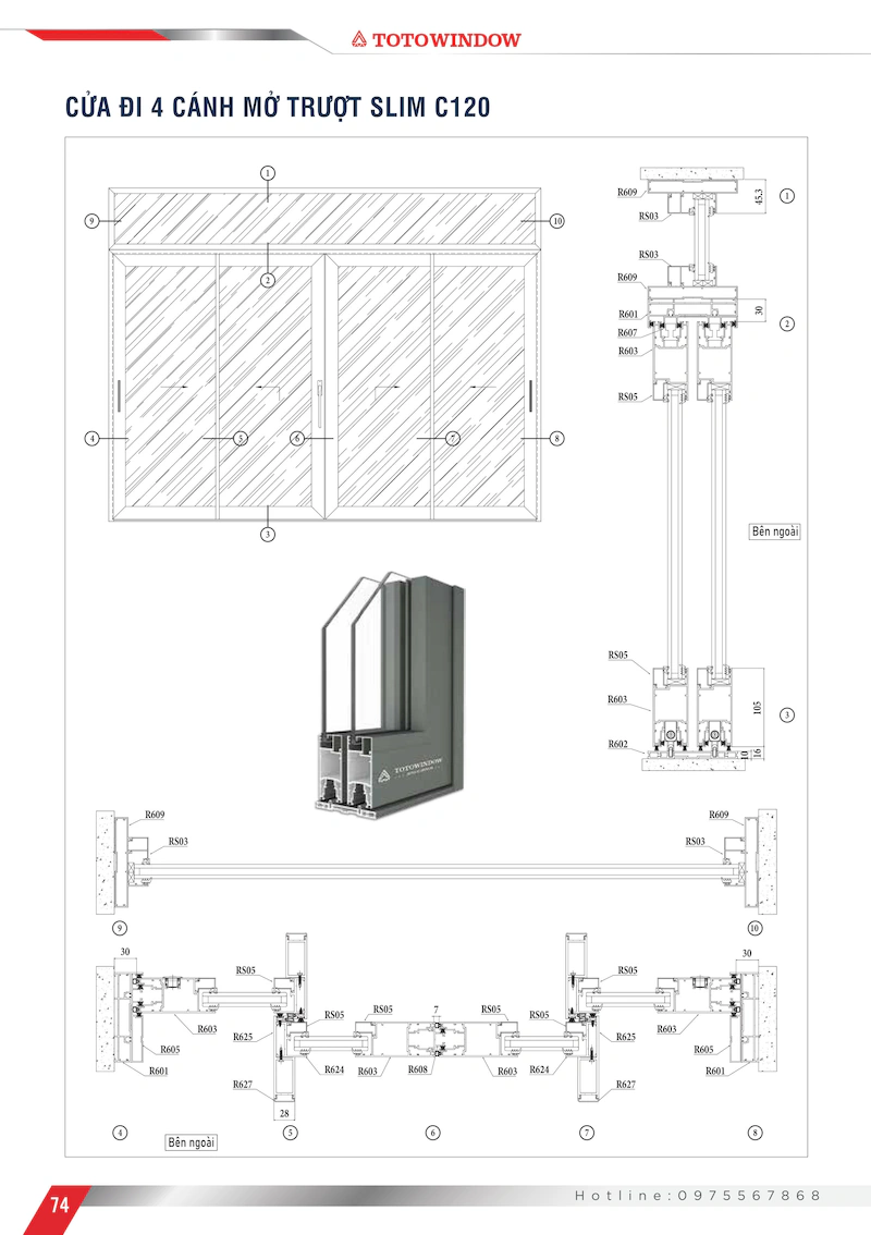 Nhôm hệ Châu Âu mở trượt C120 slim cửa đi 4 cánh mặt cắt