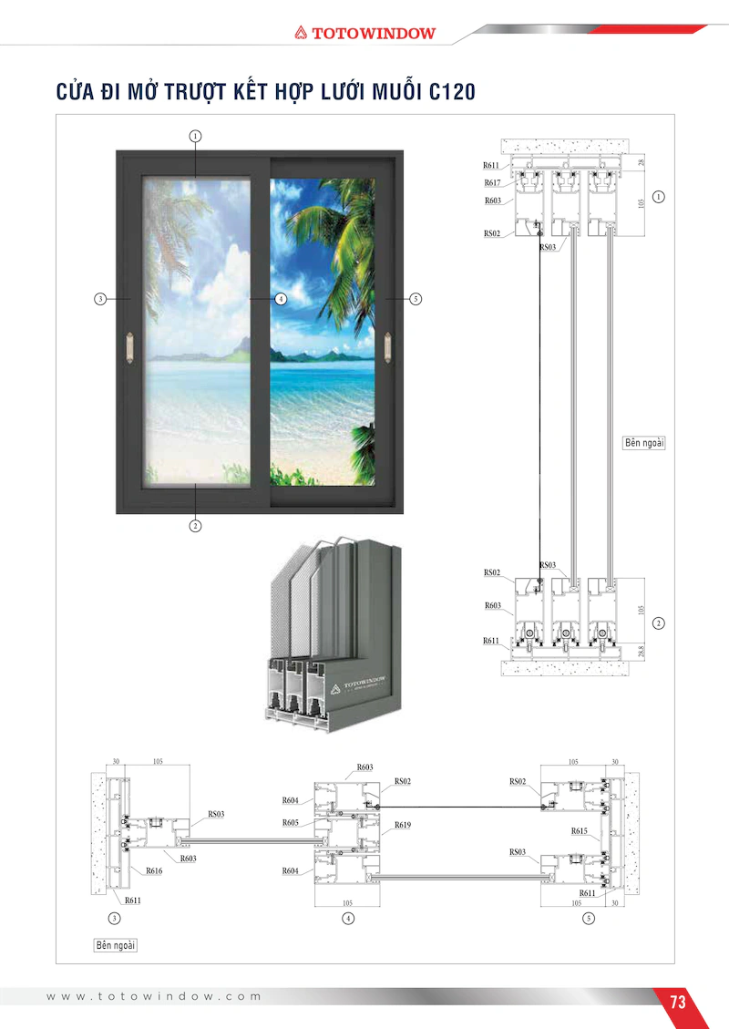Nhôm hệ Châu Âu mở trượt C120 cửa đi kết hợp lưới chống muỗi mặt cắt