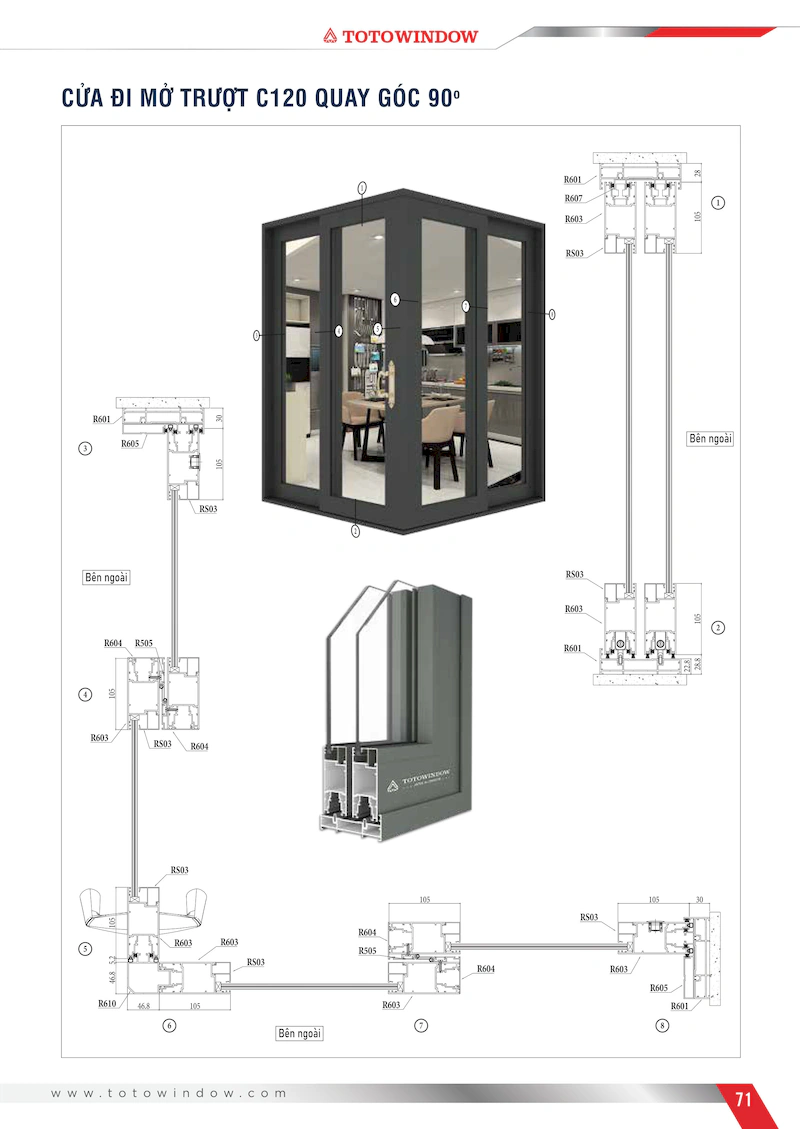 Nhôm hệ Châu Âu mở trượt C120 cửa đi quay góc 90 độ mặt cắt
