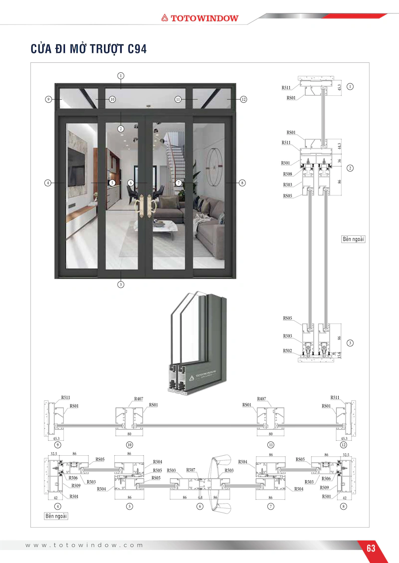 Nhôm hệ Châu Âu mở trượt C94 cửa đi mặt cắt