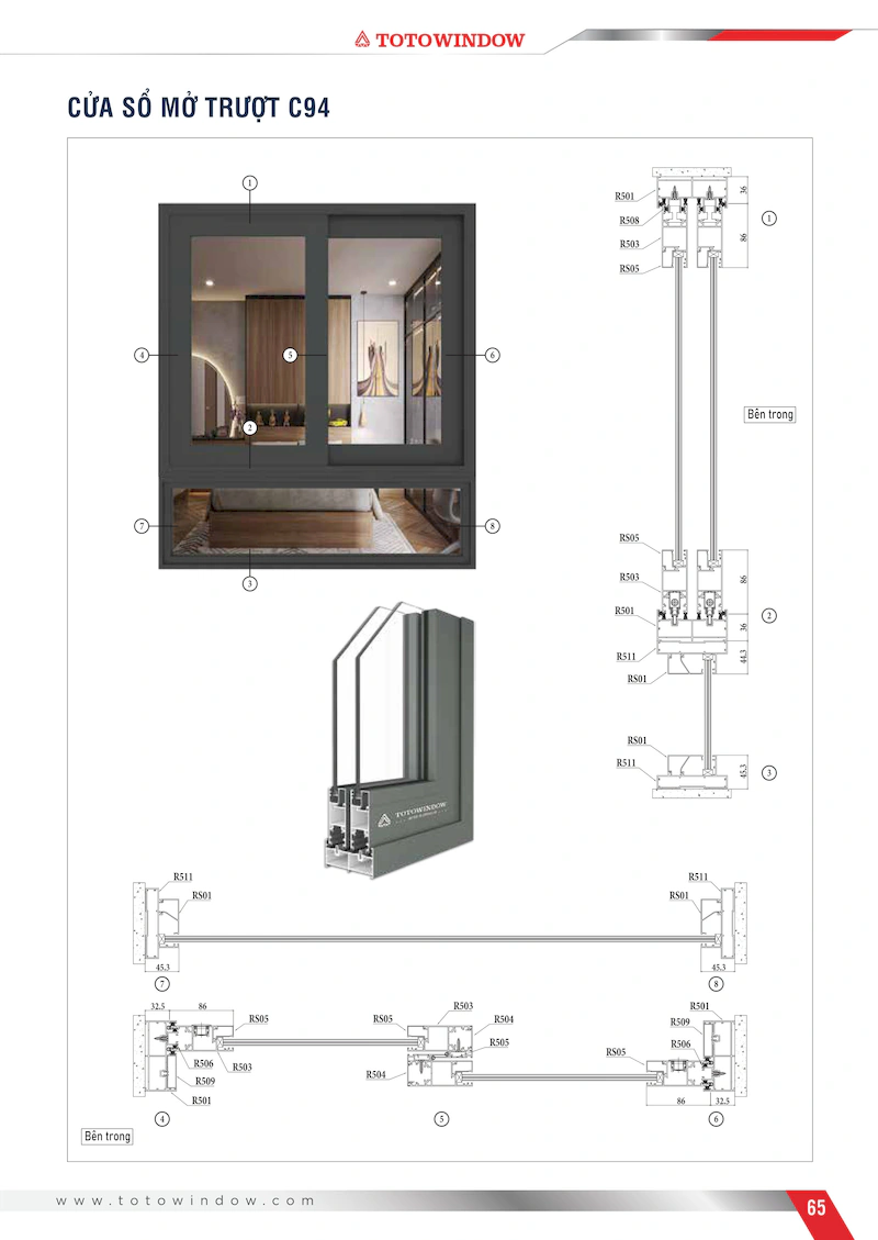 Nhôm hệ Châu Âu mở trượt C94 cửa sổ mặt cắt