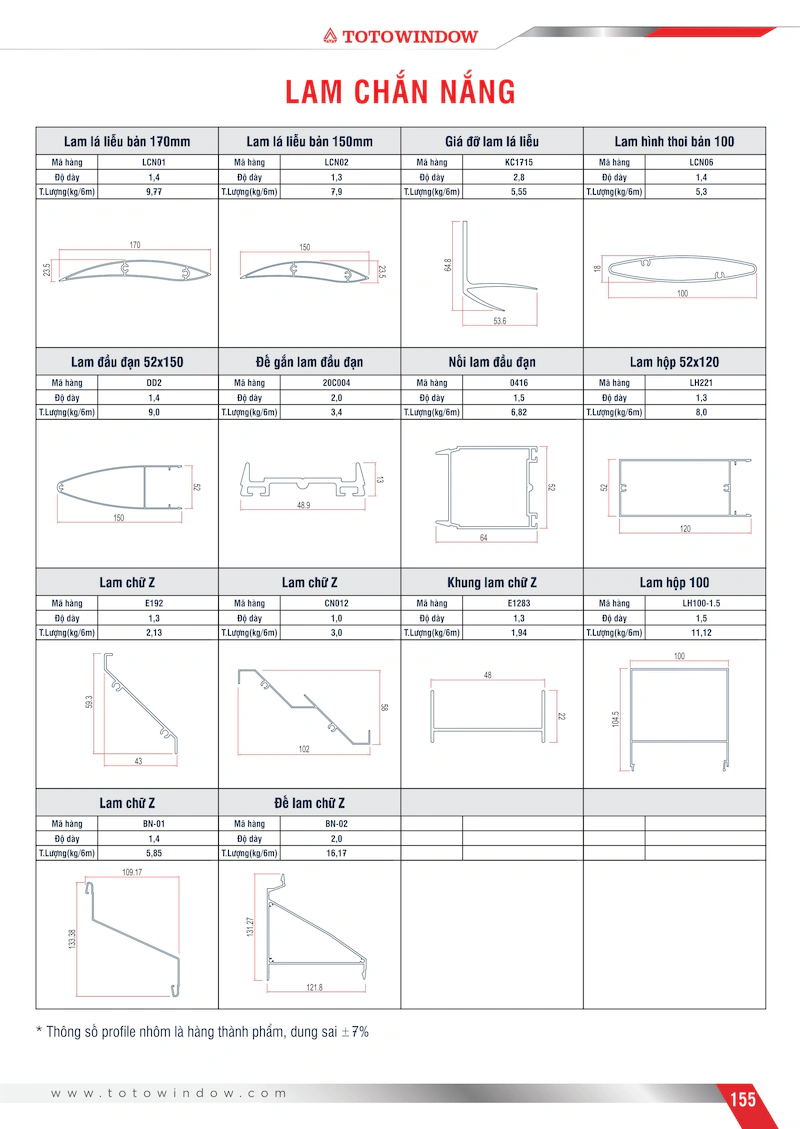 Mặt cắt nhôm hệ lam chắn nắng Totowindow