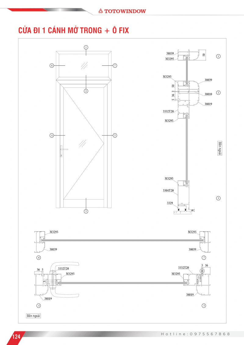 Nhôm hệ Xingfa 55 bản 100 của đi 1 cánh mở trong mặt cắt