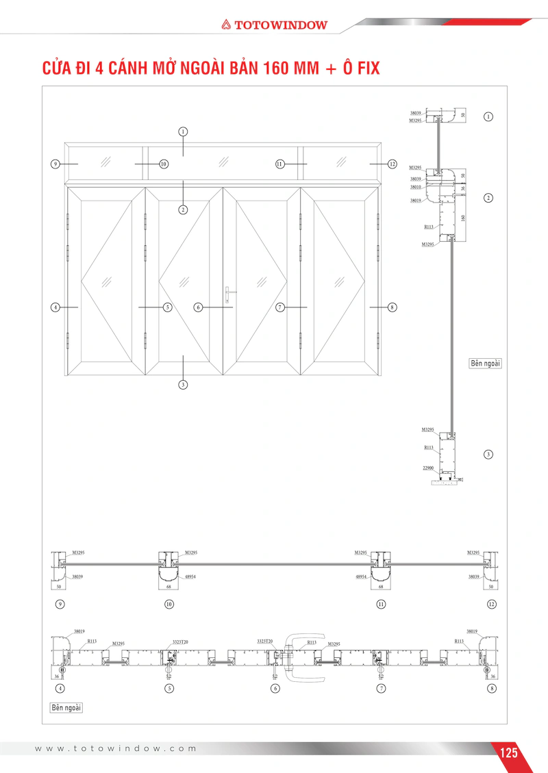 Nhôm hệ Xingfa 55 bản 100 của đi 4 cánh mở ngoài 160mm mặt cắt