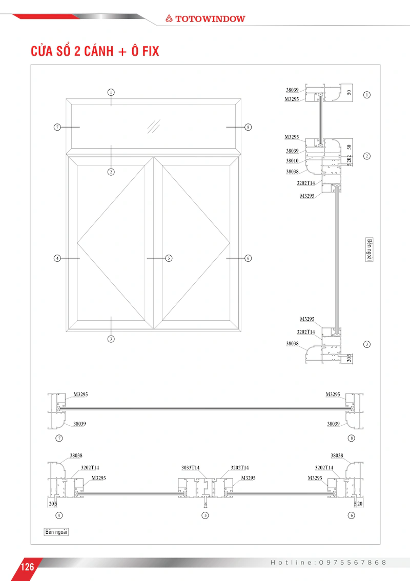 Nhôm hệ Xingfa 55 bản 100 của sổ 2 cánh mặt cắt
