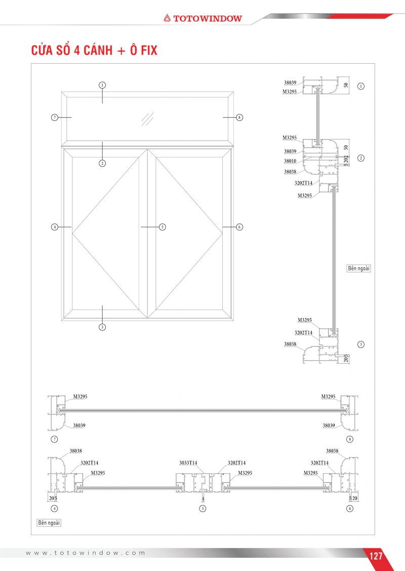 Nhôm hệ Xingfa 55 bản 100 của sổ 4 cánh mặt cắt