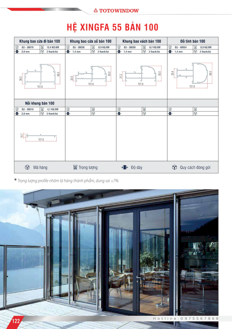 Nhôm hệ Xingfa 55 bản 100