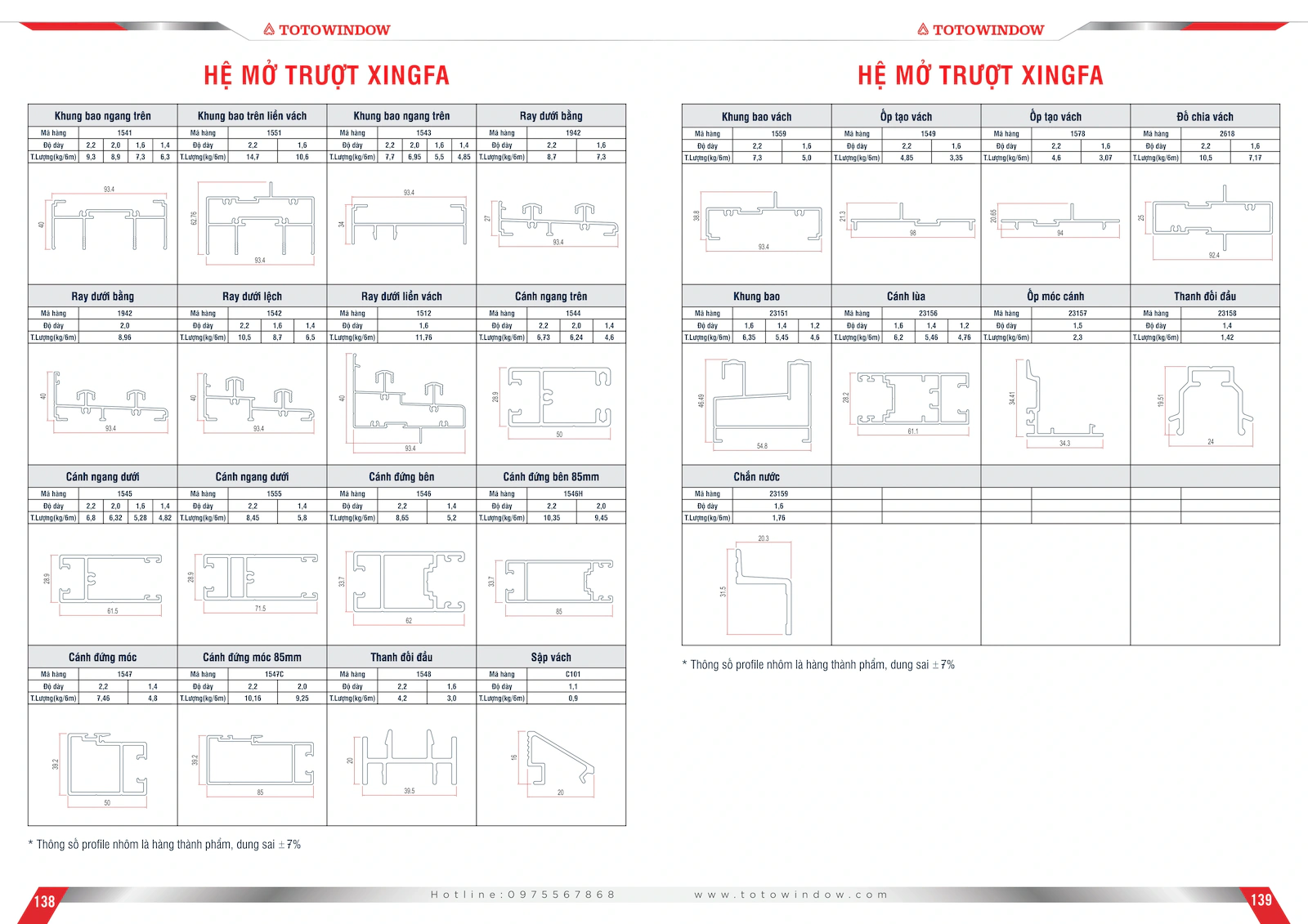 Mặt cắt nhôm hệ Xingfa 55 mở trượt Totowindow